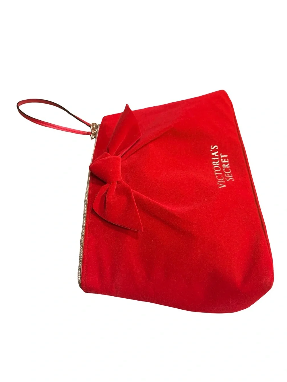 Victoria’s Secret Red Velvet Bow Wristlet Clutch Cosmetic Bag Gold Logo